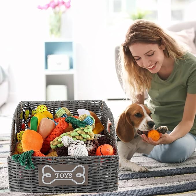 Geyecete Wicker Dog Toy Basket, Collapsible Plastic Vine Storage Bin with Handles, Grey, 840 Count, Pet Organization, Living Room, Bedroom, Bathroom, Nursery Room