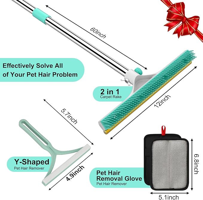 Carpet Rake for Pet Hair Removal - 60" Adjustable Long Handle Carpet Rake, 3 in 1 Reusable Pet Hair Removal Tool Kit, Cat Dog Fur Rakes Scraper Carpet Broom (White)