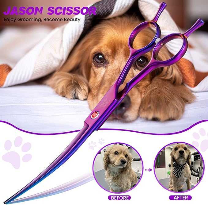 JASON Curved Shears for Dogs - 7.5" Pet Grooming Scissors with Ergonomic Handle Japanese Stainless Steel Trimming Scissor for Dogs, Cats and Other Pets, Sharp (Up-Curved, Purple)