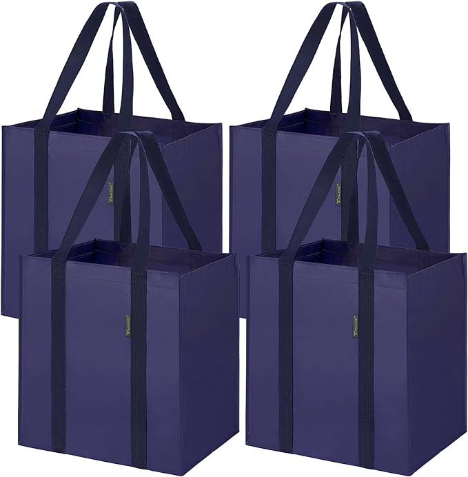BALEINE 4 PK Grocery Bags Reusable Shopping Bags with Reinforced Bottom, Heavy Duty Foldable Tote Bags (Navy Blue)