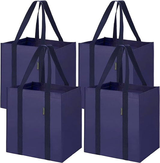 BALEINE 4 PK Grocery Bags Reusable Shopping Bags with Reinforced Bottom, Heavy Duty Foldable Tote Bags (Navy Blue)