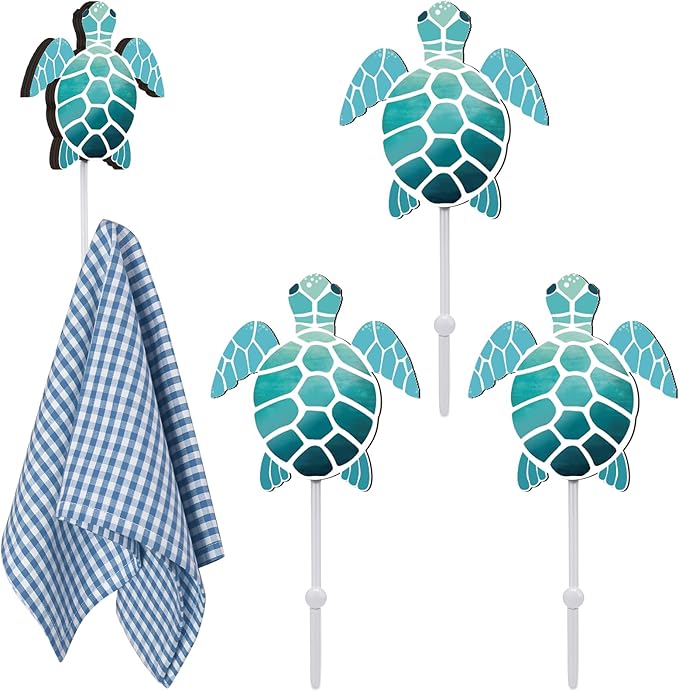 Weysat 4 Pcs Nautical Sea Turtle Wall Hooks Turtle Wall Mounted Key Holder Nautical Bathroom Decor Summer Rustic Decorative Hook for Living Room Bathroom