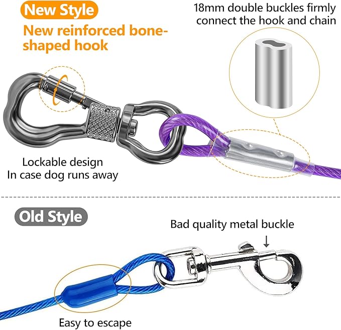 Tresbro 40FT Reflective Tie Out Cable for Dogs Up to 250 Pounds, Steel Wire Lead Leash Cable with Stainless Rotatable Buckle, Lightweight and Enduring, Dog Chains Outside for Outdoor, Yard, Purple