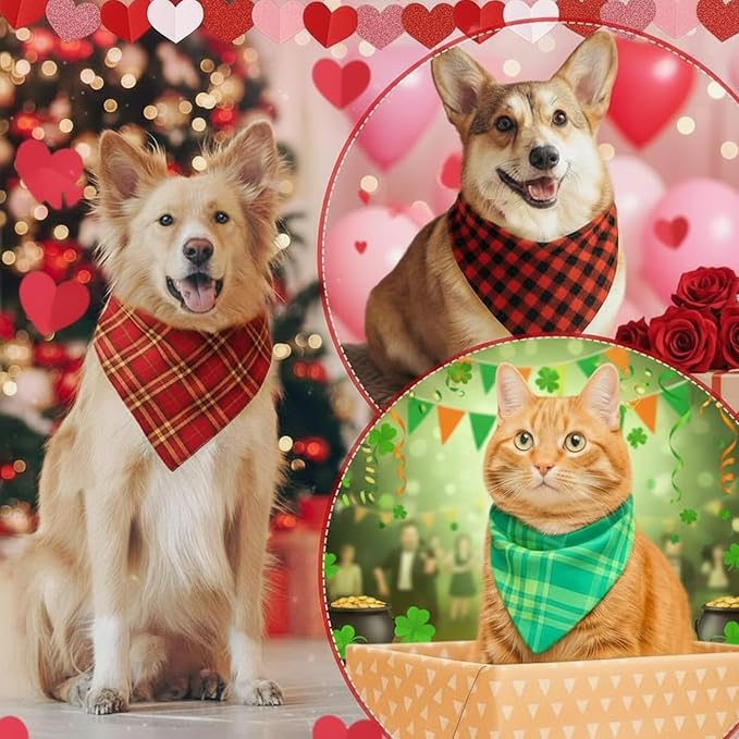 Abbylike 100 Pcs Valentine's & St. Patrick's Day Dog Bandanas Bulk Red & Green Plaid Bandanas for Dogs Triangle Kerchief Bib Scarf for Pet Holiday Costume Photo Props Accessories (25.6 x 17.7 x 17.7)