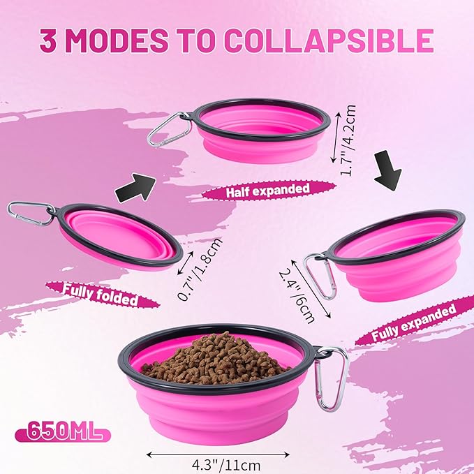 Dog Bowl Pet Collapsible Bowls, 2 Pack Collapsible Dog Water Bowls for Cats Dogs, Portable Pet Feeding Watering Dish for Walking Parking Traveling with 2 Carabiners (Black+Pink, Medium)