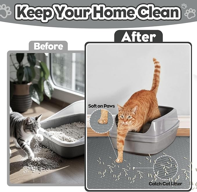 Bartuke Cat Litter Mat, Extra Large 40" x 28" Silicone Mat Litter Trapping Mat for Scatter Control, Soft on Kitty Paws, Easy to Clean (Dark Gray)