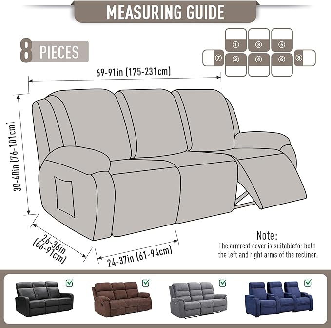 TAOCOCO Recliner Sofa Covers 8-Pieces Stretch Large Couch Covers for 3 Seats Reclining Slipcovers Soft Jacquard Pattern Furniture Protector (Pale Brown)