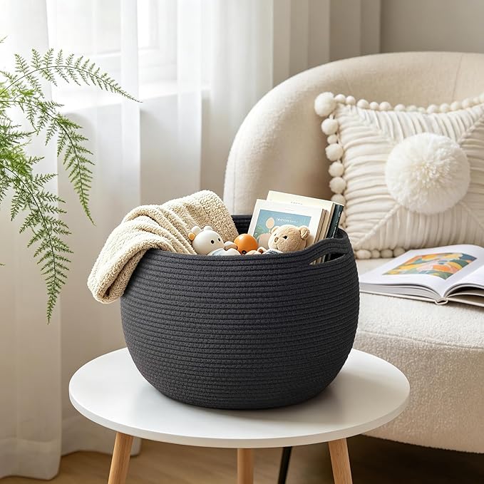 Goodpick Large Toy Storage for Kids, Black Baby Basket for Baby Shower, Decorative Woven Rope Basket for Nursery Living Room, 15.7"D x 10.5"H