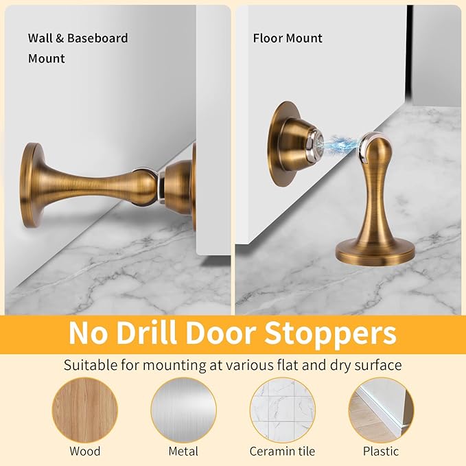 Bak Bo Magnetic Door Stopper, Strong Magnetic Door Holder Keep Door Open, Zinc Alloy Door Catch for Wall & Floor Mounting, No Drilling Door Stop with Adhesive (1 Pack Antique Brass)