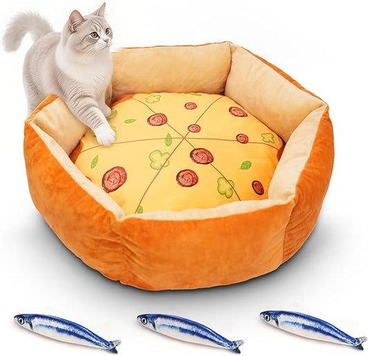 Cute Cat Beds Kitten Beds with Catnip Toys, Soft Small Dog Beds, Washable Pet Beds for Puppy and Kitty, Funny Pizza Shape, 20 Inch