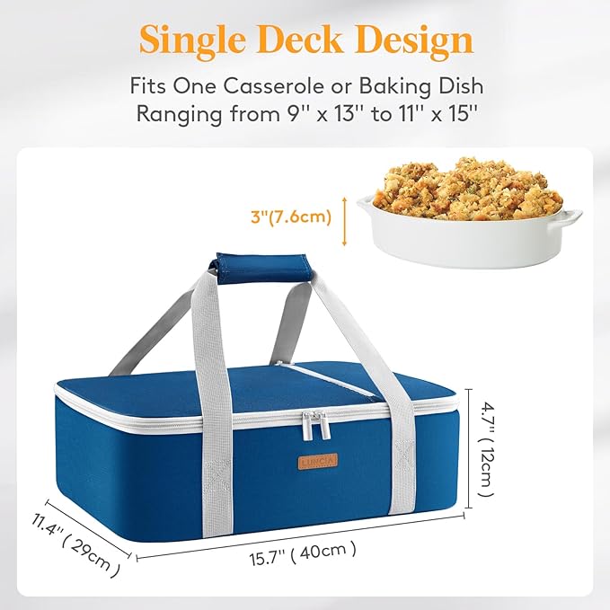 Lifewit LUNCIA Insulated Casserole Carrier for Hot or Cold Food, Lasagna Lugger Tote for Potluck Parties/Picnic/Cookouts, Fits 9"×13" Baking Dish, Pure Blue