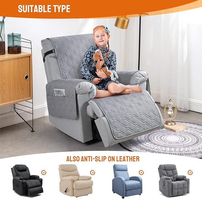 VANSOFY 100% Waterproof Recliner Chair Covers, Recliner Cover Non-Slip Dog Chair Cover Furniture Protector Washable Slipcover with Pocket, Elastic Straps for Pets, Dogs(Light Gray, 25")