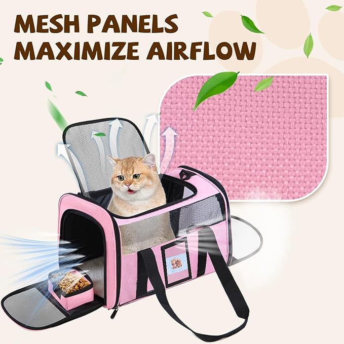 FOORLON Cat Carrier Soft for Pets Up to 25 Lbs, Cat Travel Bag with Padded Shoulder Strap and Detachable Cat Food Bowl, Pet Dog Carriers for Small Dogs Travel Puppy Carry Airline Approved, Pink