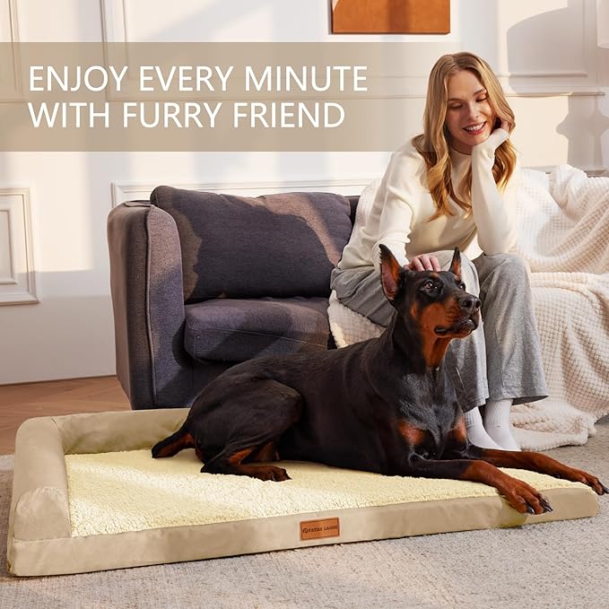 Patas Lague Orthopedic Jumbo Dog Bed for Extra Large Dogs 56''X40'', Waterproof L Bolster Jumbo Pet Sofa Beds with Removable Washable Cover, Soft Pet Couch Crate Mat with Nonskid Bottom, Beige