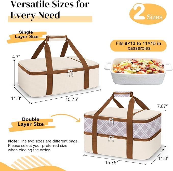 Coobiiya Insulated Casserole Carrier – Portable Tote for Hot or Cold Food, Warmer & Cooler Bag Lunch Bag, Fits 9" x 13" Baking Dish, Ideal for Potluck Parties