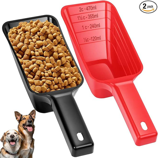 2 Cup Dog Food Scoop(2 Pack), Plastic Pet Food Scoop with Measuring Lines for Accurate Pet Food Portions,Dishwasher Safe (Black and Red)