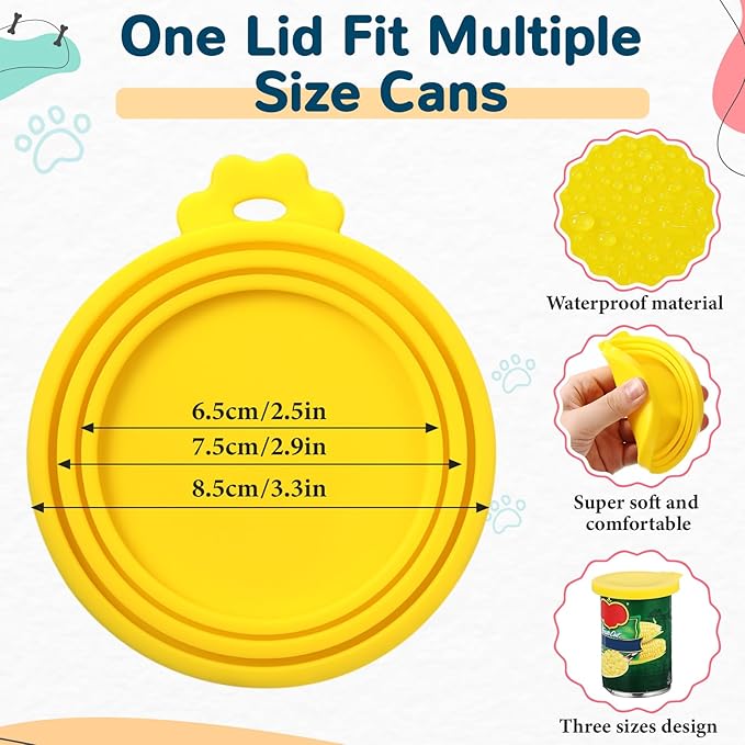 Uiifan Cat Food Lid Cat Food Can Covers Lids 8 Pcs Pet Can Supplies Set 5 Silicone Wet Kitten Foodstuff Tin Covers Lids 2 Silicone Dog Spoons 1 Paw Shape Multifunctional Opener for Pets(Yellow)