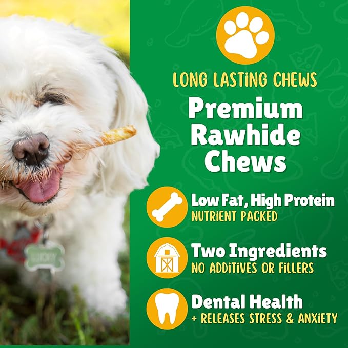 Chicken Basted Rawhide Twist Sticks Dog Treats – 60ct. Premium Rawhide Chew Sticks – Long Lasting Chicken Flavored Chews for Small Dogs Made in USA with Natural Beef Hide