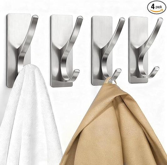pickpiff Self Adhesive Coat Hooks for Hanging: Heavy Duty Stainless Wall Hook for Towel, Utensil, Backpack, Hat, Sturdy Metal Hanger for Bathroom, Kitchen, Door, Brushed Nickel 4 Pack