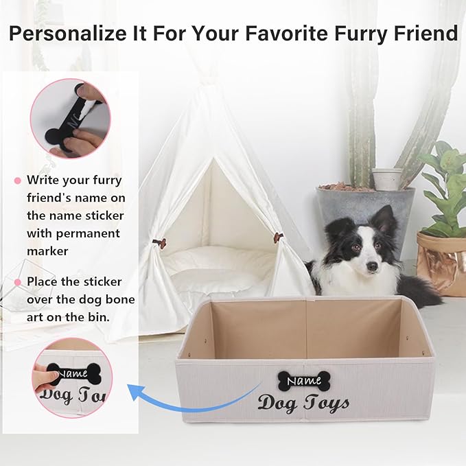 Large Dog Toy Basket Collapsible Dogs Toy Box Fabric Trapezoid Dog Toys Bin Storage for organizing pet Toys/Blankets/leashes/Rope Toys/Clothing-Can be Personalized-Slub Beige