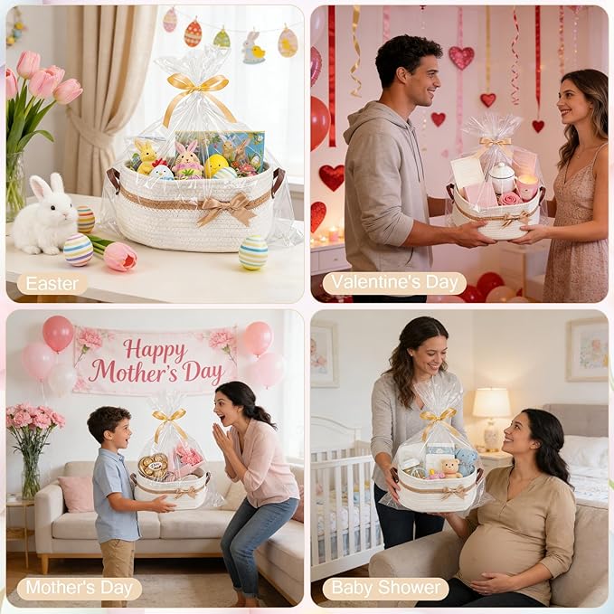 Large Gift Baskets Empty with Handles, 14"x 10"x 5.5" Cotton Rope Storage Basket Storage for Gifts Clothes Baby Diaper Pet Toys (White)