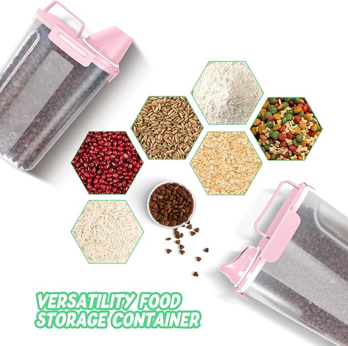 LEAWALK 3+5Lbs 2Pack Small Cat Dog Food Storage Containers BPA Free, Airtight Pet Food Storage Containers with Large Pour Spout/1 Measuring Cup/ 4 Safety Locks and Double-Layer Silicone Strip (Pink)