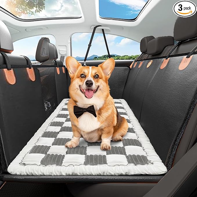 Backseat Pet Bed Mat,Dog Bed for Car,Dog Seat Cover for Car Back Seat, Non-Slip Travel Pet Mat, Fit for Backseat Extenders and Seat Covers (Light Gray&White)