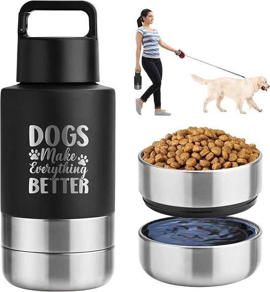 Insulated Dog Travel Water Bottle With Detachable Bowls, Ideal Gifts for Dog Lovers, Portable Water Bottle Dispenser, For Walking, Hiking, Camping, Outdoor (Black:Dogs Better, 32 Oz)