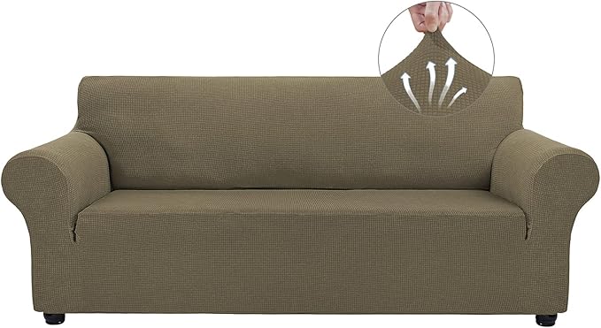 Asnomy Couch Covers for 3 Cushion Couch Stretch Sofa Covers Slipcovers, Pet Protector Furniture Covers for Dogs Cats Spandex Jacquard Fabric Small Checks （Large，Khaki）