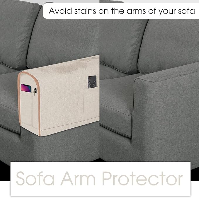 Joywell Linen Armrest Covers for Living Room Anti-Slip Sofa Arm Protector for Dogs, Cats, Armchair Slipcover for Recliner with 4 Pockets for TV Remote Control, Phone, Set of 2, Champagne