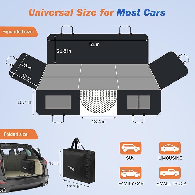 Back Seat Extender for Dogs, Dog Car Seat Cover for Back Seat Hard Bottom - Holds 330lbs Waterproof Cover for Dogs with Mesh Window & Pocket, Dog Hammock for Car, Small Truck, Black + Black