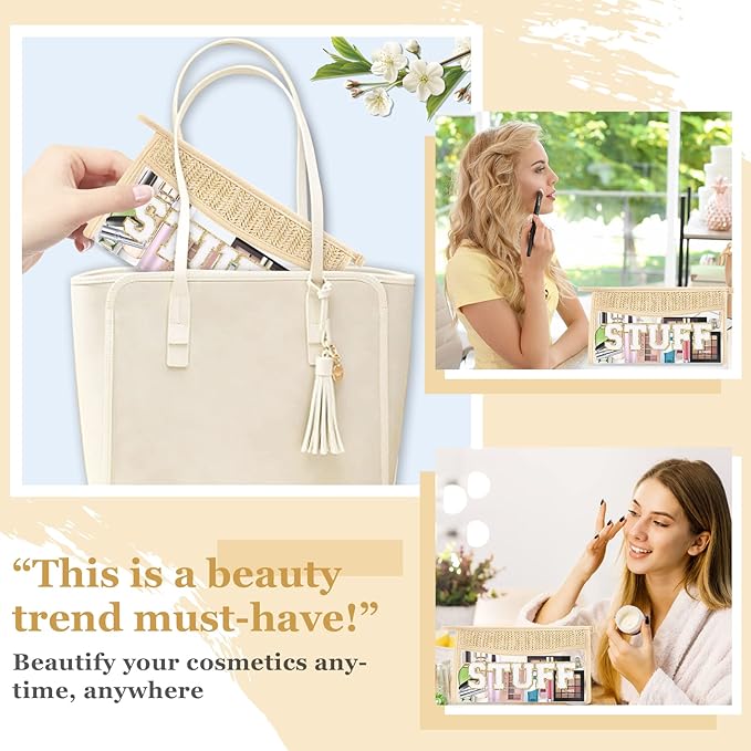 Boho Clear Makeup Letter Patch Makeup Bag STUFF Pouch, Clear Toiletry Bags Travel Small Cute Stadium Chenille Letter Cosmetic Zipper Pouch Purse, Waterproof Glitter Makeup Organizer for Women(STUFF)