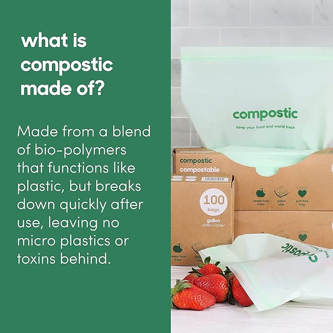 Compostic Home Compostable Resealable Gallon Bags, Microwave & Freezer Safe, Organic Food Storage Container, 90 Count + 10 Bonus Bags