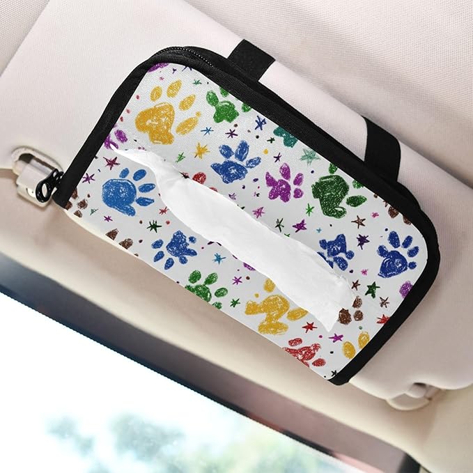 Car Tissue Holder Car Napkin Holder Car Tissue Box Dispenser Storage Case Sun Visor Mask Holder with Adjustable Straps Reusable Refillable Paw Prints and Stars