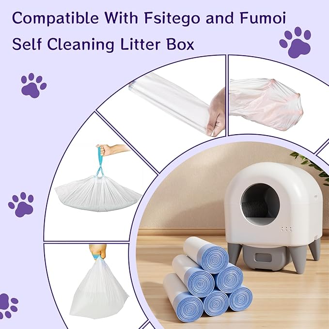 80 Count 26" x 11.8" Automatic Cat Litter Box Bags Compatible with Cmg Fmo Fstg Robot Litter box, Thick Self-Cleaning Cat Litter Box Replacement Liners with Drawstring Heavy Duty