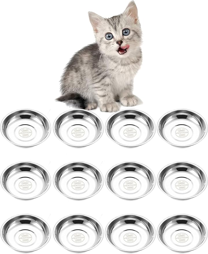 VENTION Small Shallow Cat Food Bowls, Outer Dia. 5.7 in Whisker Fatigue Cat Bowl, Stainless Steel Cat Food Dish for Indoor Cats, Set of 12 Replacement Cat Bowls for Raised Station(10.8 Fl.oz)