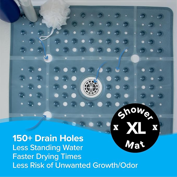 SlipX Solutions 27" Oversize Square Shower Mat, Non-Slip Mat for Elderly & Kids, 100+ Power Grip Suction Cups for Smooth Surfaces, Machine Washable, Dusty Blue