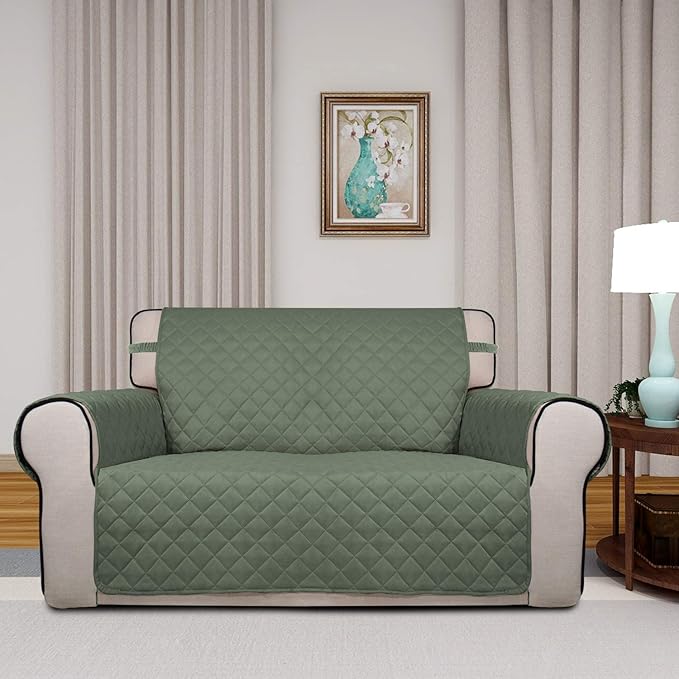 PureFit Reversible Quilted Sofa Cover, Water Resistant Slipcover Furniture Protector, Washable Couch Cover with Non Slip and Elastic Straps for Kids, Dogs, Pets (Loveseat, Greyish Green/Beige)