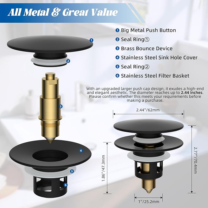 Hibbent All Metal 2 in 1 Bathroom Sink Stopper, Universal Pop Up Drain Strainer, Brass Bullet Core Push Type Sink Stopper for 1.1''~2.3'' Basin, Big Push Button, Anti Clogging Filter, Matte Black