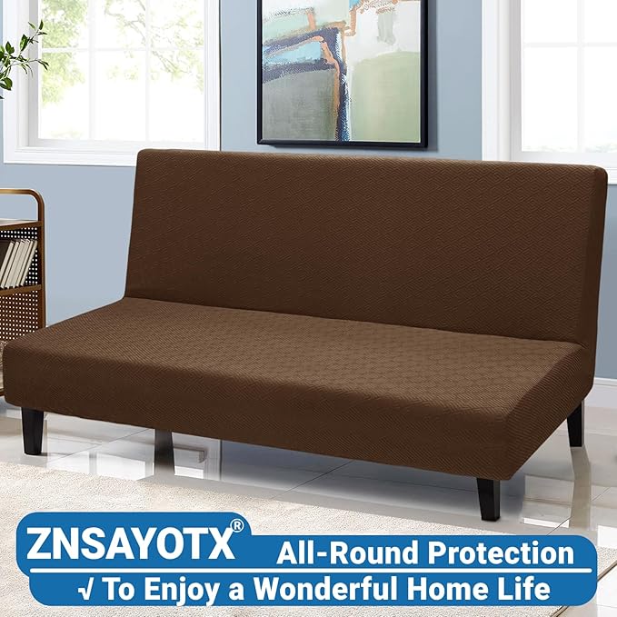 ZNSAYOTX Stretch Fit Futon Cover (67"-82") Armless Futon Sofa Bed Slipcover with Elastic Band, Universal Foldable Sofa Mattress Protector Full Queen Size, Washable Comfort Jacquard (Dark Coffee)