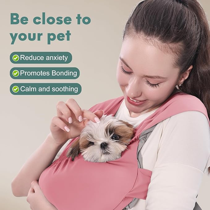 Supet Dog Sling Carrier for Small Pets, Hands Free Cat Sling, Reducing Back Neck Pain Anti-Anxiety Puppy Front, Adjustable Soft Dog Carrying (Pink, Regular 0-9 Lbs)