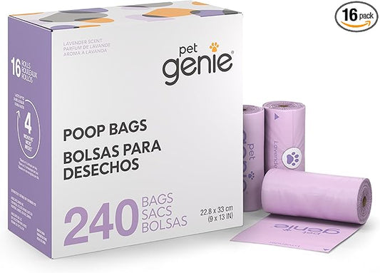 Pet Genie, Dog Poop Bags Rolls Scented, Extra Strong & Leak-Proof for Dogs, Lavender Scented, Easy Tear Pet Waste Bags, Made from 65% Recycled Plastic, 16 Rolls (240 Count)