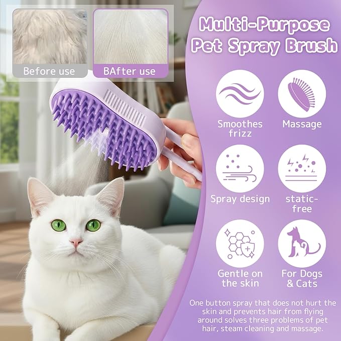 Steam Brush for Cats& Dogs,Pet Steam Brush,4-in-1,Rechargeable Grooming Tool for Cats & Dogs, Anti-Static Design, Delivers Massage, Deep Cleansing, Shedding Control & Styling - White