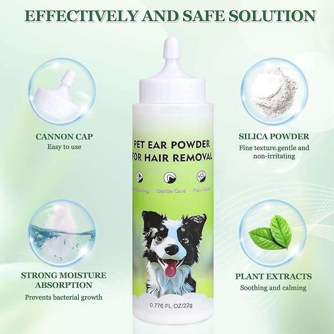 Dog Ear Hair Removal Kit - Dog Ear Powder, Trimmer and Dog Clippers Set for Grooming, Ear Cleaner for Itching, Dog Ear Infection Treatment, Removing Earwax and Odour