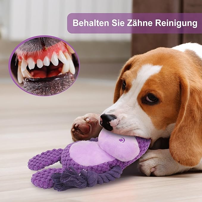 TONYFY Dog Toys, Dog Squeaker Toys with Crinkle Paper, Stuffed Animal Dog Plush Chewing Toy, Cotton Rope Interactive Toys for Puppy, Small, Middle Dogs (Purple Hippo)