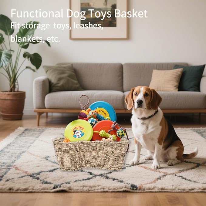 JJSQ Storage Basket Bins for Dog Toy, Pet Toy Organizer, Seagrass Baskets for Organizing, Bone Shape Basket Handmade 17" x 13" x 7"