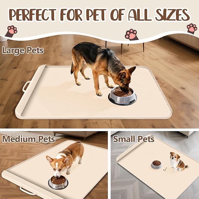 Dog Food Mat with Collection Pocket, 42''x28'' Extra Large Silicone Pet Feeding Mat for Food and Water, Waterproof Anti-Slip Dog Mat with Edge and Handle, Pet Placement for Floor (Beige)