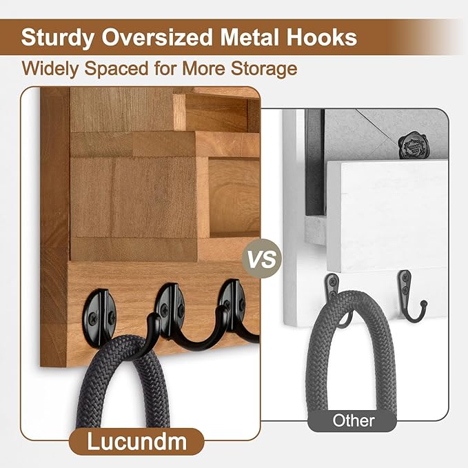 Lucundm Key and Mail Holder Wall Mount, Key Hanger with Long Storage Box and Key Hooks for Coat, Dog Leash, Home Decor Rack, House Accessories, Entry Way Organizer