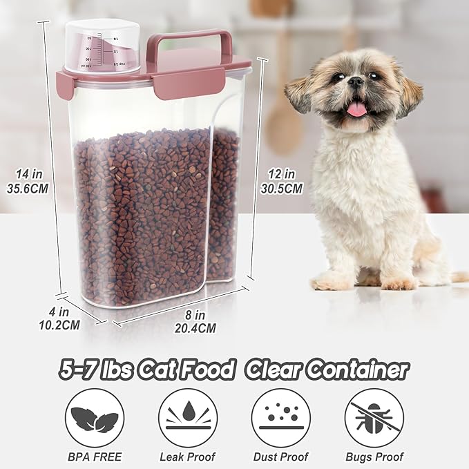 LEAWALK 5-7Lbs Cat Dog Storage Container, Portable Pet Food Containers with Upgraded Large Spout and Cup, Small Animal Kibble Dispenser for Bird Seed, Oatmeal, Rice, Flour (2, Pink, 5L)