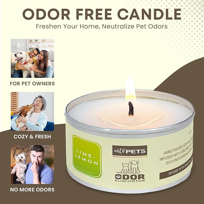Pet Odor Eliminator Candle for Dogs and Cats Long-Lasting 72-Hour, Burn Natural Soy Wax with Refreshing Scent, Scented Candle to Remove Pet Smells (Lime-Lemon)